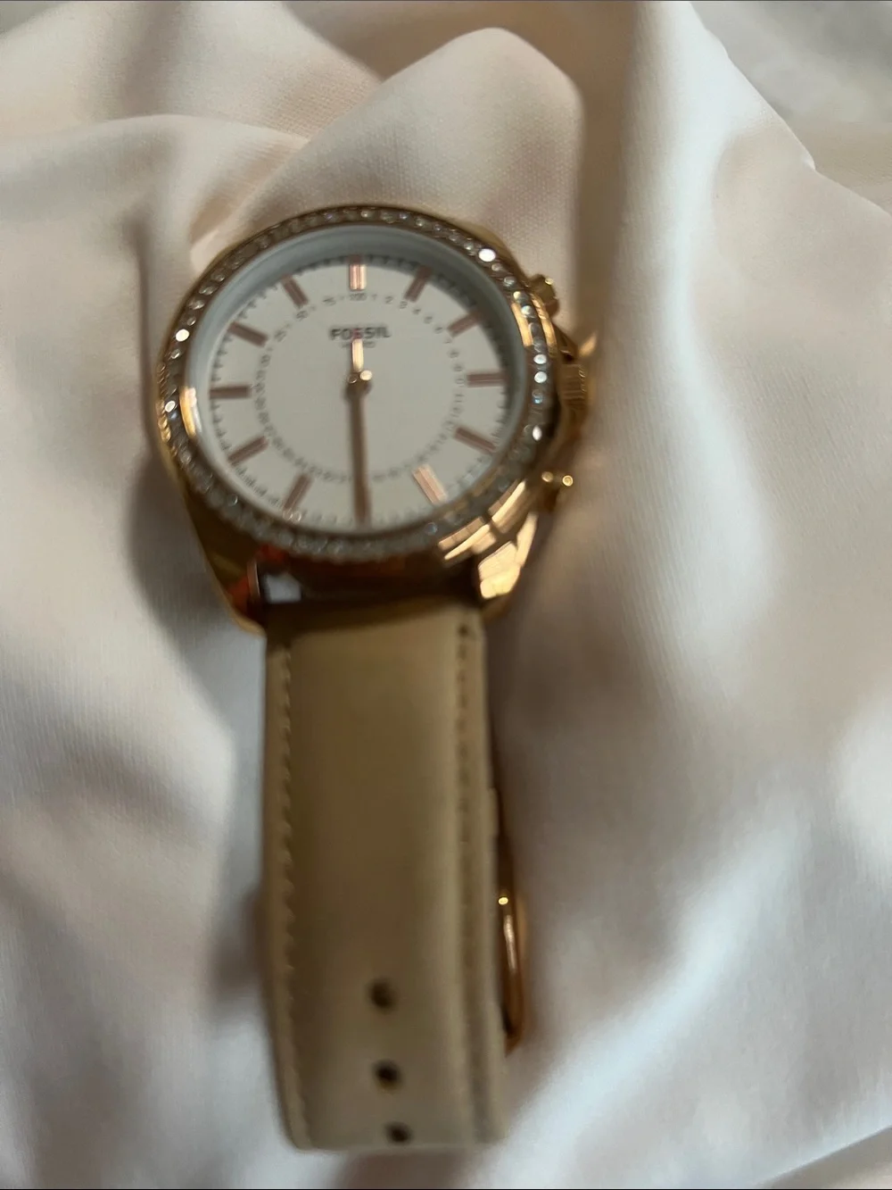 Fossil Rose Gold Case Beige Leather Strap Watch with Crystal Accents